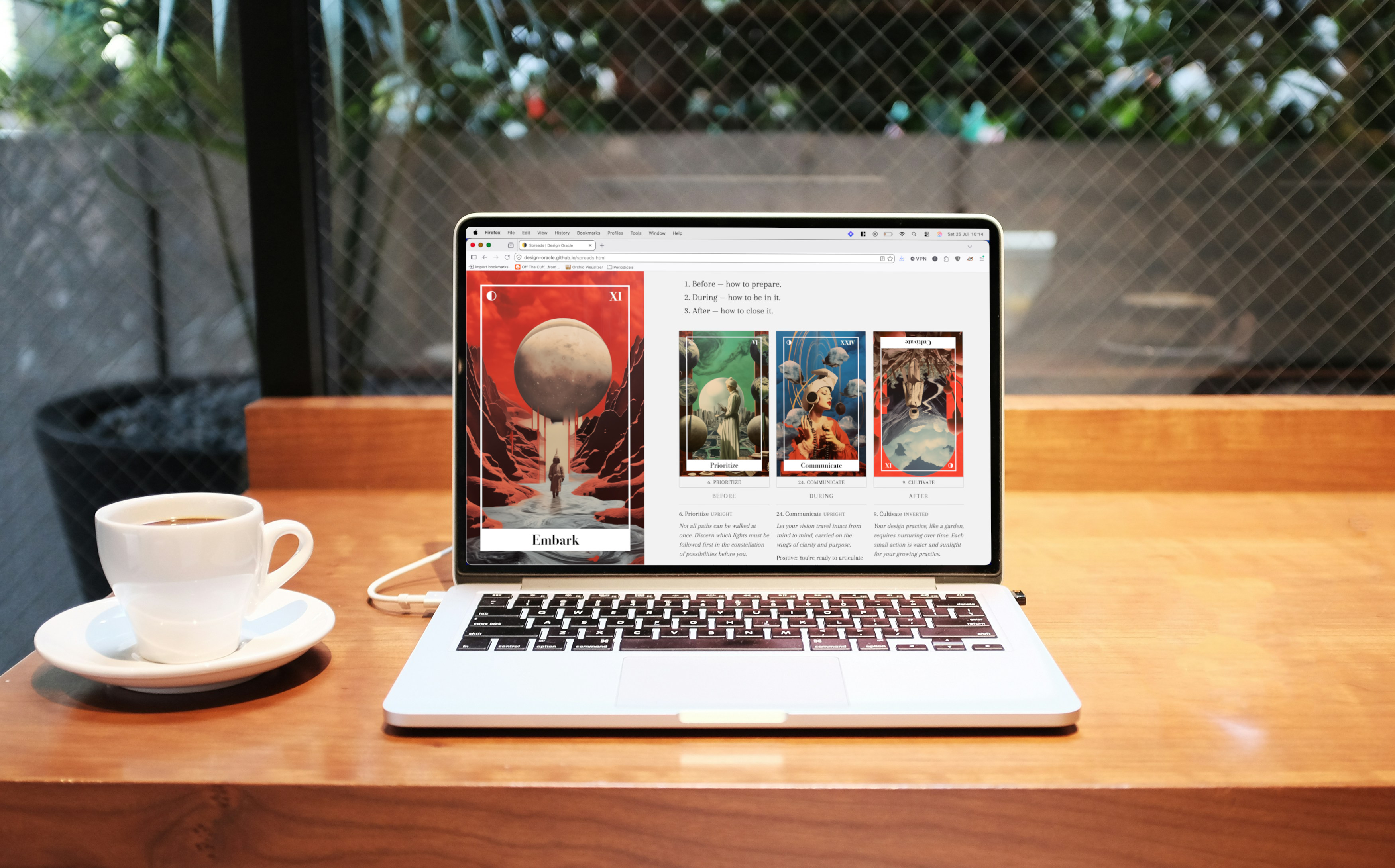 The Design Oracle website, showing today's card, ritual, and interpretation