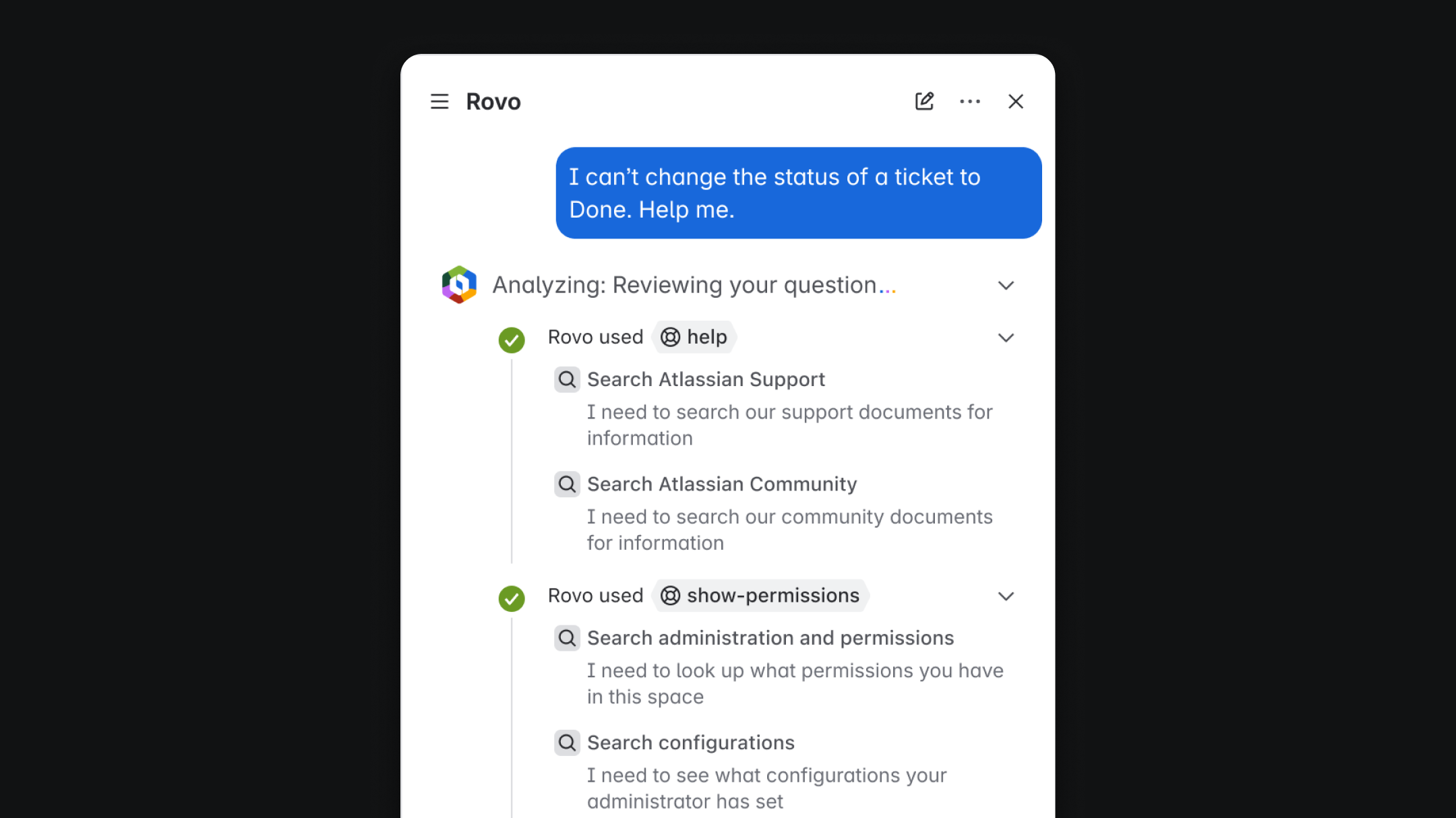 Rovo chat mid-conversation, resolving a help question