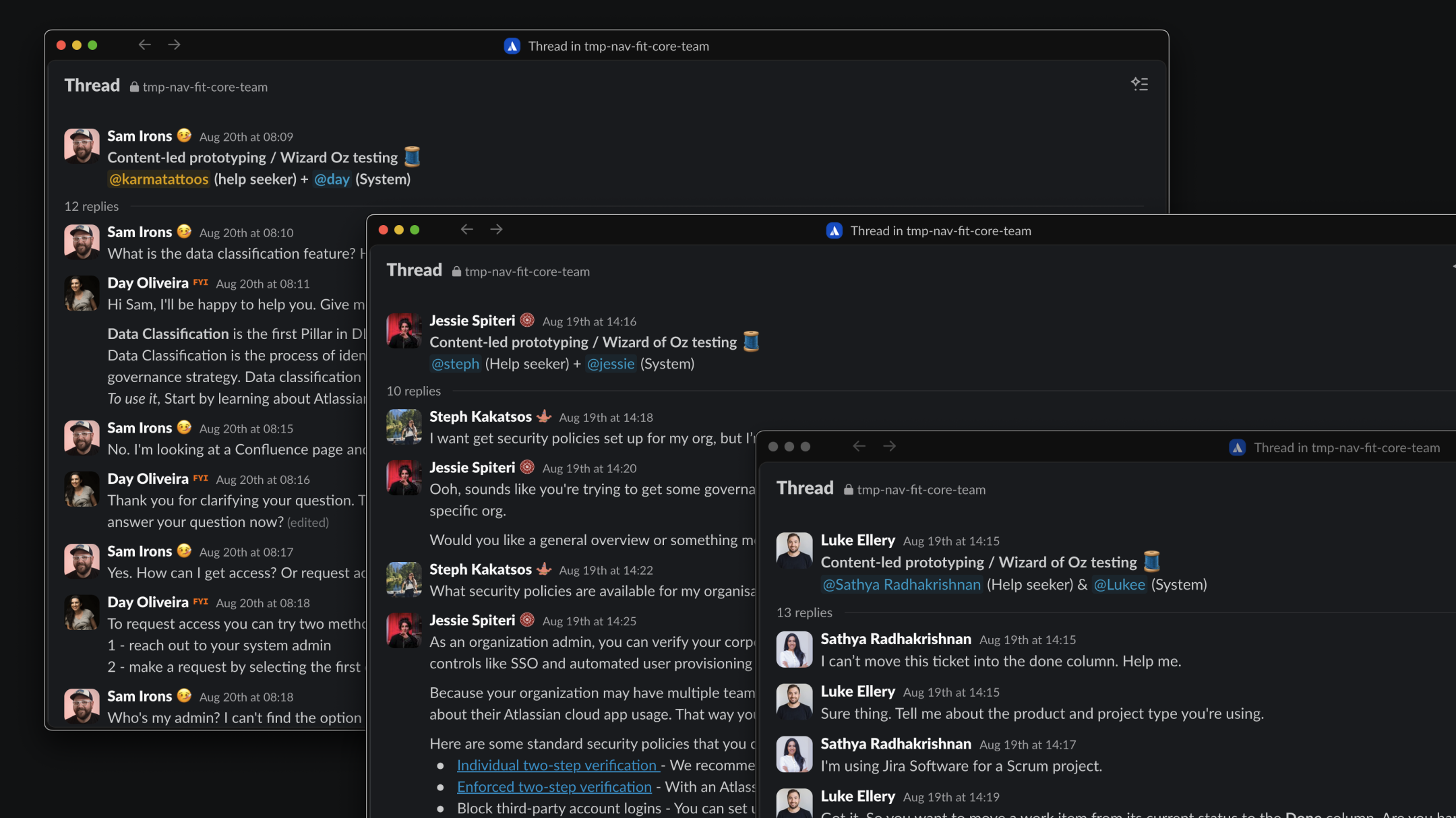 Slack conversational-prototyping threads, role-playing a help-seeker and the help system