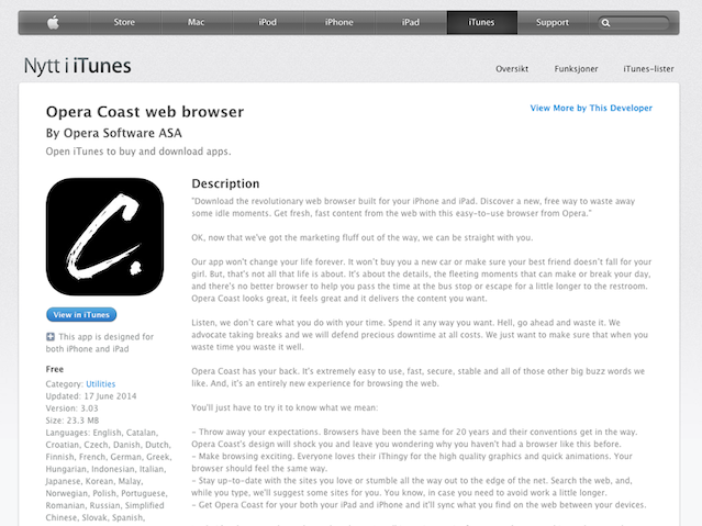 A screenshot of the Norwegain App Store, showing the listing for Opera Coast, its logo and description. A sample is transcribed below.