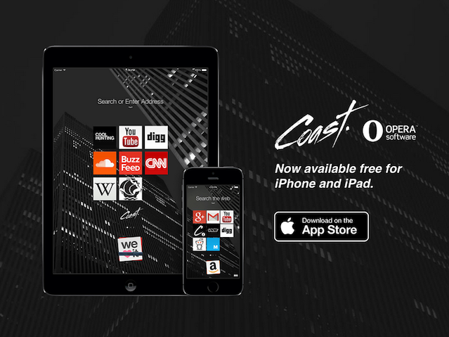 A screenshot of Opera Coast's homepage that featured an iPad and an iPhone displaying the Opera Coast app on top of a black and white background of city buildings.