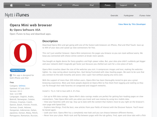 A screenshot of the Norwegain App Store, showing the listing for Opera Mini for iOS, its logo and description. A sample is transcribed below.