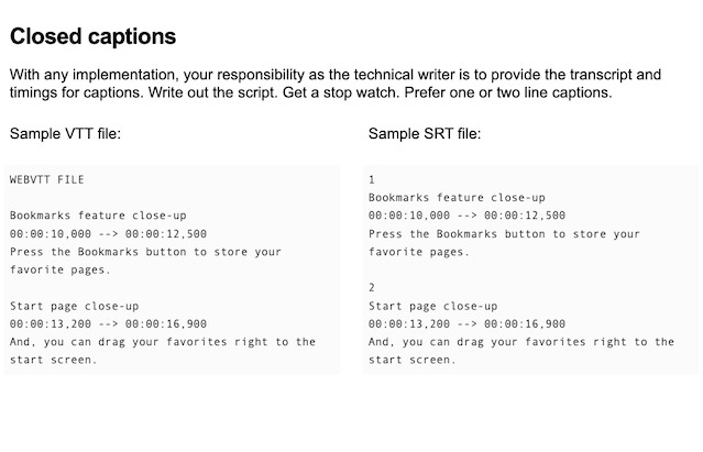 A slide from my presentation describing two different formats for providing captions to videos on the web.