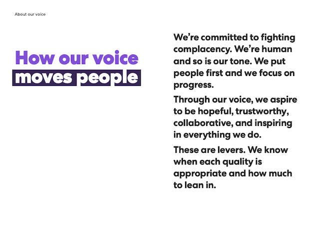 A page from Cure Brain Cancer Foundation's brand book describing their voice and tone. The copy reads: How our voice moves people. We're committed to fighting complacency. We're human and so is our tone. We put people first and we focus on progress. Through our voice, we aspire to be hopeful, trustworthy, collaborative, and inspiring in everything we do. These are levers. We know when each quality is appropriate and how much to lean in.