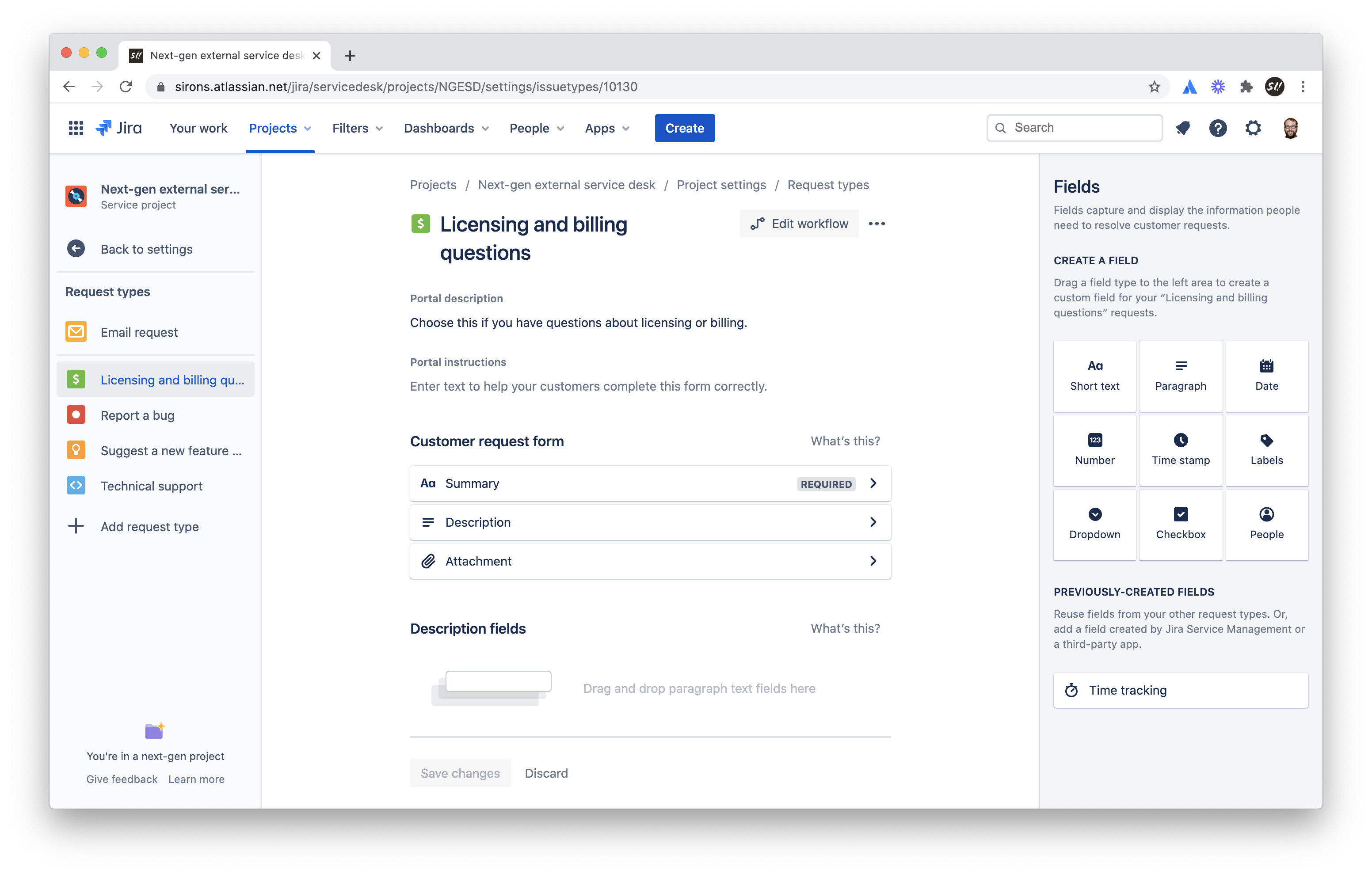 A screenshot of the request types settings page in Jira Service Desk.