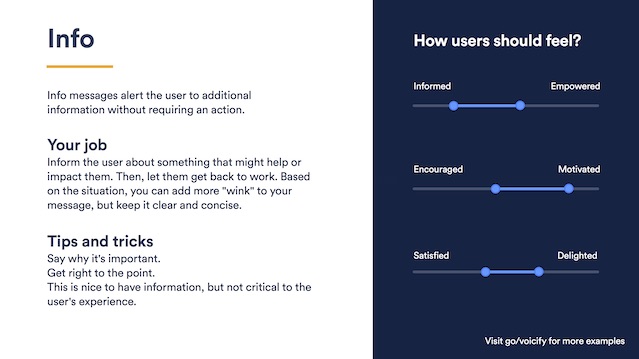 An example voicify card describing informational situations, the emotional qualities that users should feel in the situation, and tips for writing appropriate informational user interface copy.